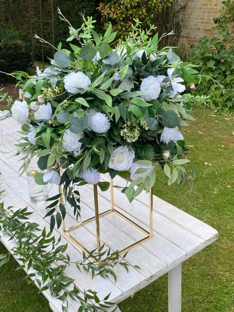 Centerstage Roses Centrepiece-White Rose on Geometric Stand - Special Day Events